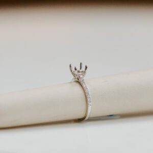 14kt White gold hidden halo engagement ring with .24ctw of accent round Diamonds.