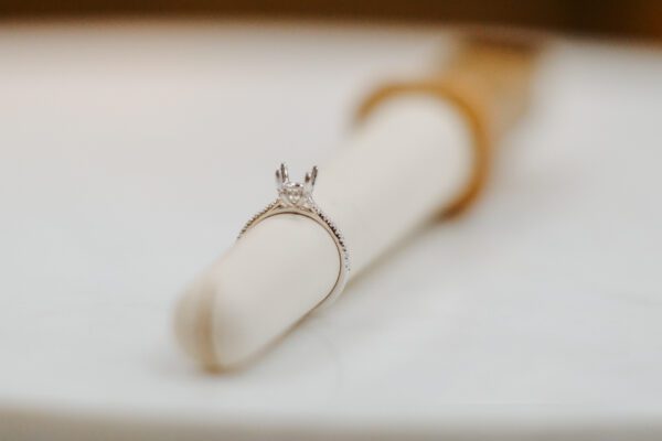 14kt White gold hidden halo engagement ring with .24ctw of accent round Diamonds.